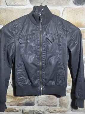 Esprit Women's Blk Coated Cotton Utility Bomber Jacket Size 6 Full Zip Moto